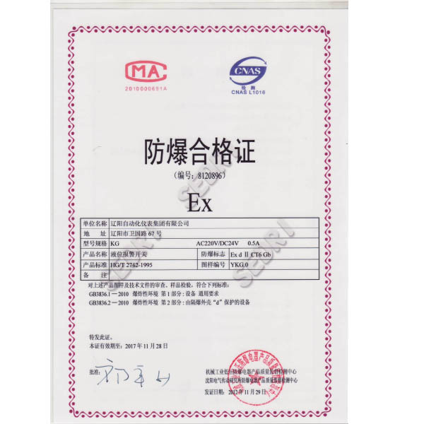 KG Liquid-level Alarm Switch Anti-explosion Certificate - fl